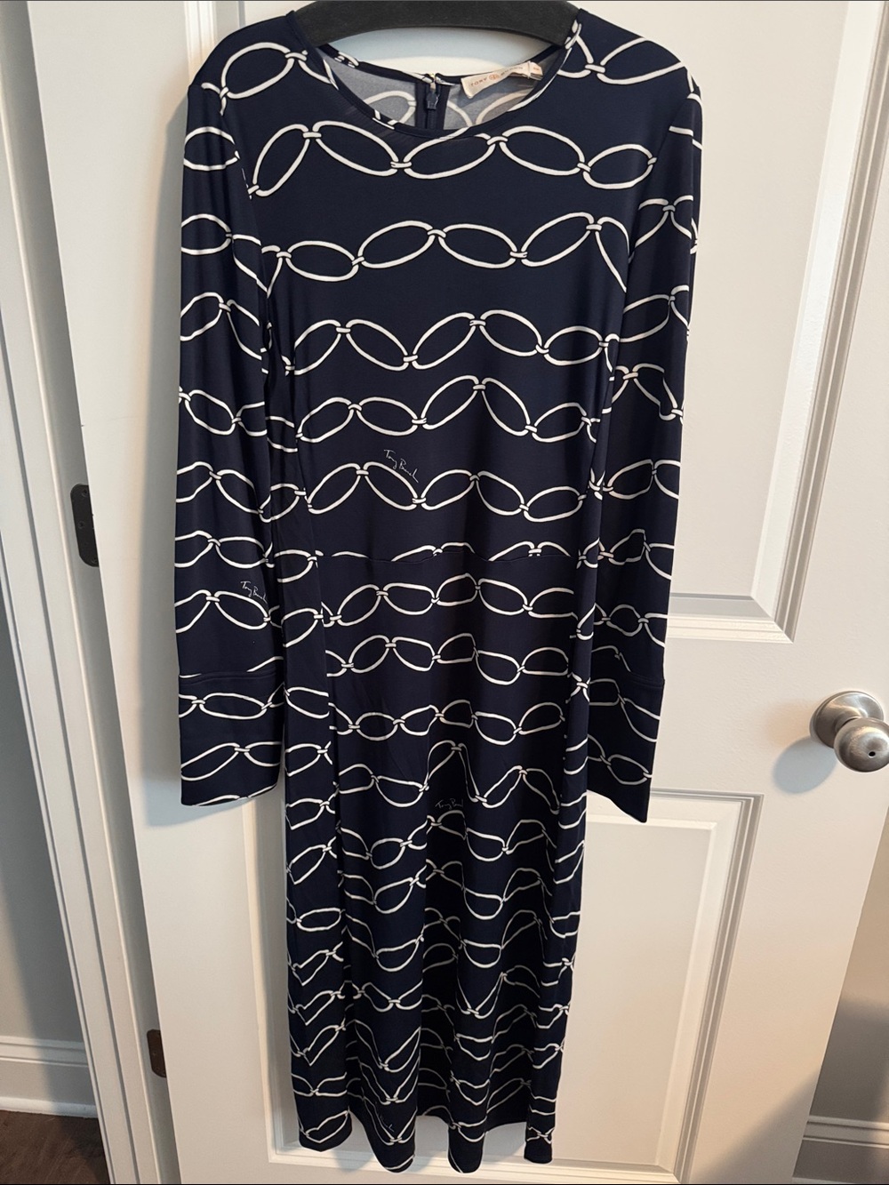Tory Burch Navy Chain Link Long Sleeve Dress